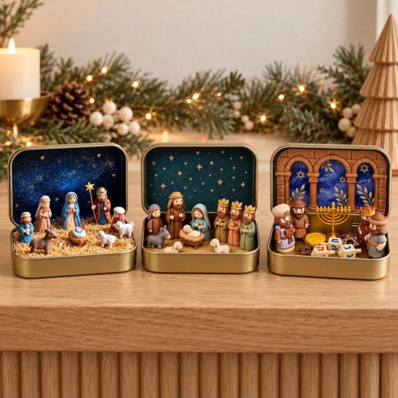 Mini Nativity Tin Box Christmas Scene Religious Figurine Holiday Decor Keepsake Gift
