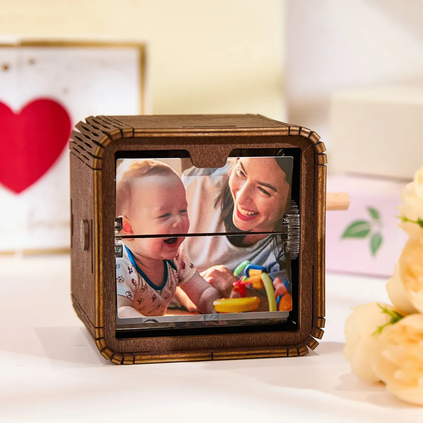 Custom 16 Photos Music Flipbook Frame Wood Color Animation Machine Mechanical Hand-cranked Photo Album with Light - soufeelus
