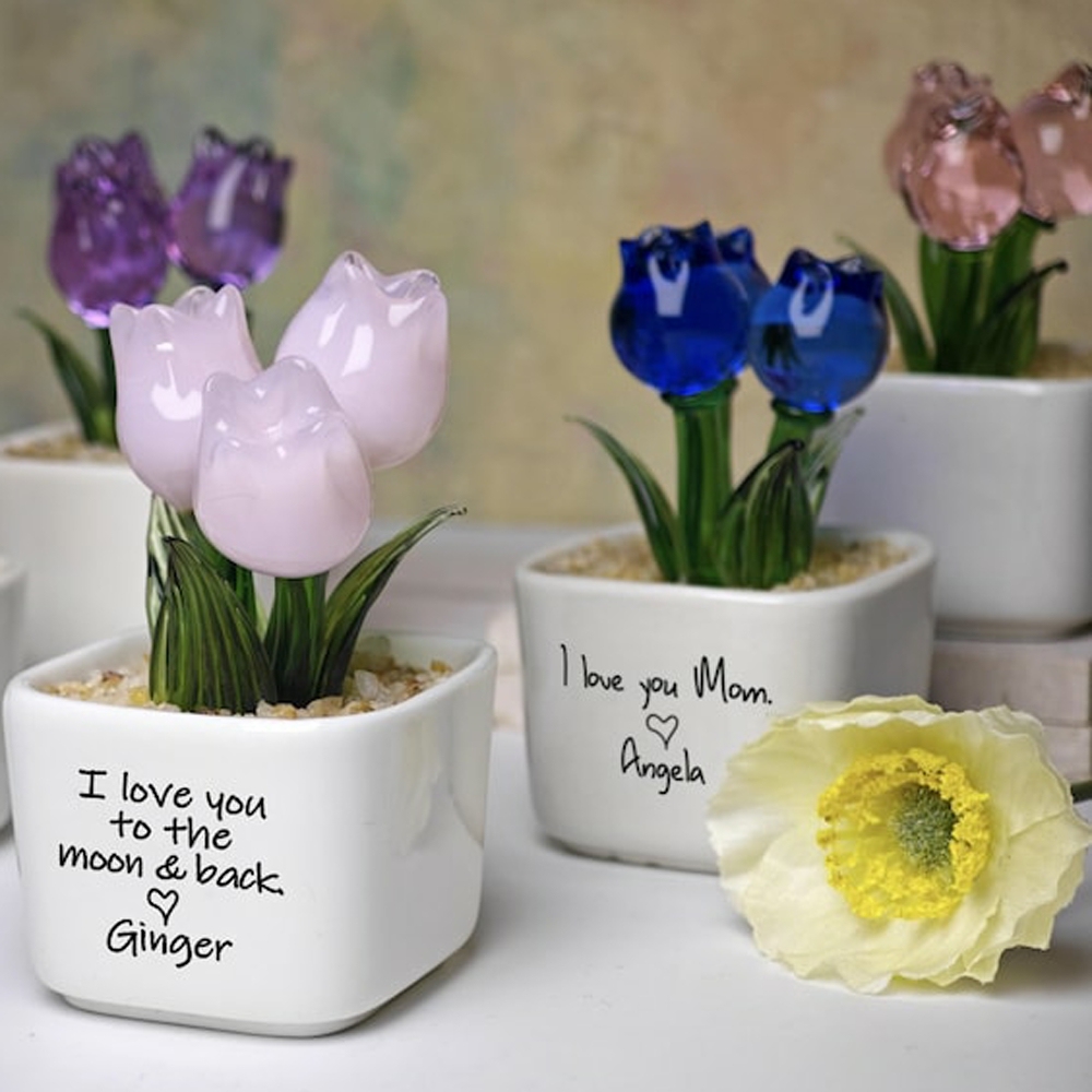 Custom Tulip Glass Flower Pot With Text, Gift for Mum, Mom, Mother, Happy Mother's Day
