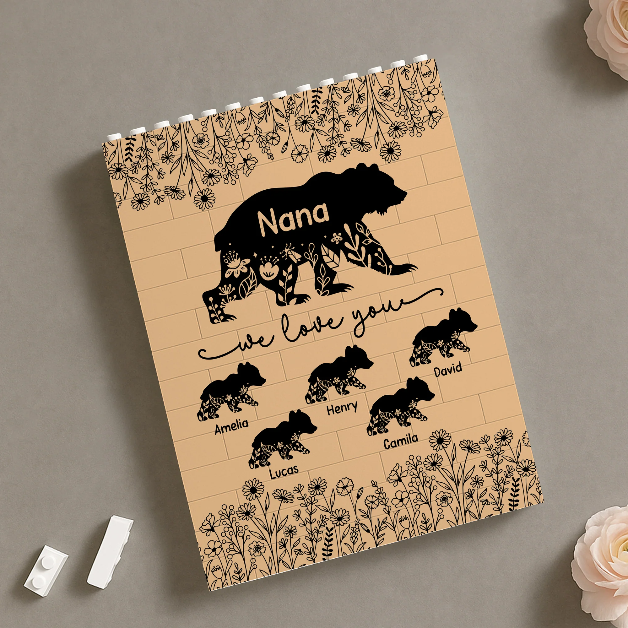Personalized Mama Bear Building Block Puzzle Custom Name Flower Bear Bricks Mothers Day Gift for Grandma Family Keepsake Home Decor