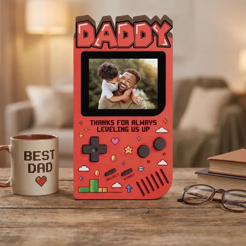 Personalized Fathers Day Gift for Gamer Dad, Custom Photo Dad Frame, Retro Game Console Photo Wooden Block Sign, Game Lover Room Decor