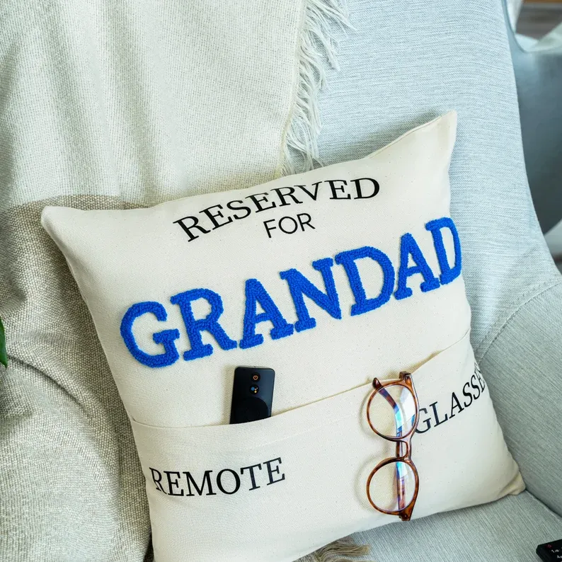 Personalized Grandpa Pocket Punch Needle Pillow, Fathers Day Embroidered Gift, Grandpa Cushion, Gift for Dad, Custom Throw Pillow