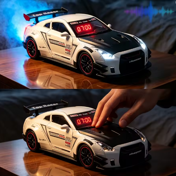 Hypercar Alarm Clock with Engine Sound, Exhaust Effect & LED Lights – Desk Gift for Car Lovers