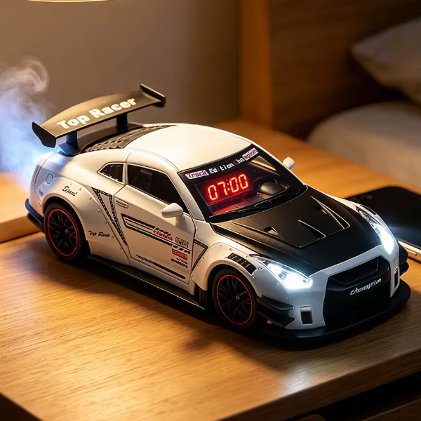 Hpycar Alarm Clock with Remote Control, Rechargeable Battery Hyper Car Clock with Engine Sound, LED Flashing Light & Mist Spray