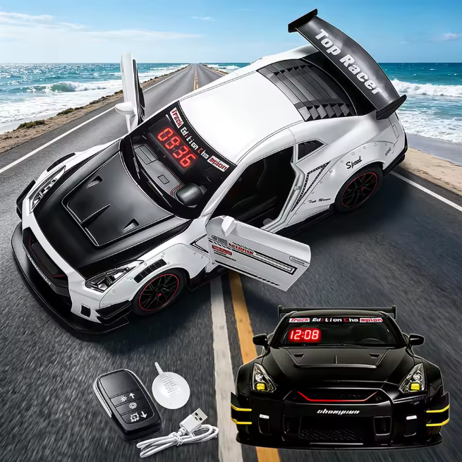 Hpycar Alarm Clock with Remote Control, Rechargeable Battery Hyper Car Clock with Engine Sound, LED Flashing Light & Mist Spray
