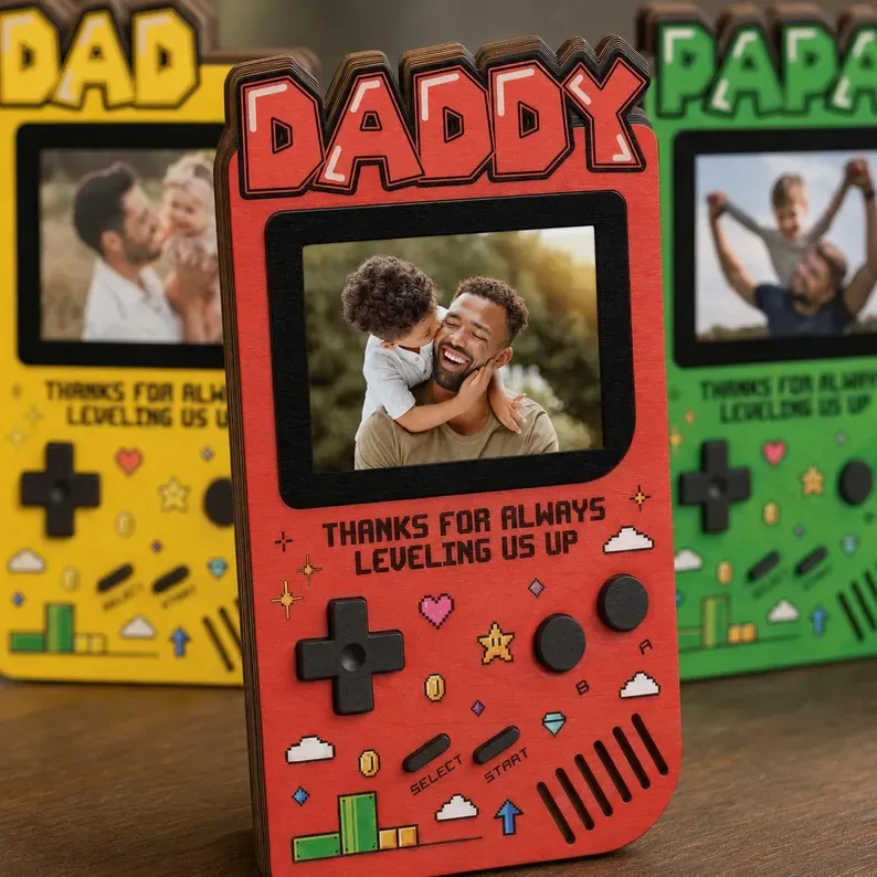 Personalized Fathers Day Gift for Gamer Dad, Custom Photo Dad Frame, Retro Game Console Photo Wooden Block Sign, Game Lover Room Decor