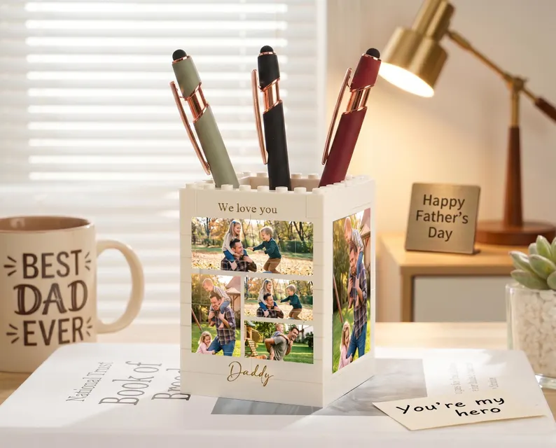 Personalised Daddy & Me Brick Photo block Pencil Pot, Brick-Inspired Organizer, Gifts for Dad, Kids, Chirlren, Student