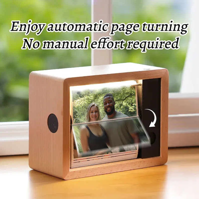 Custom Electric Flip 32 Photo Frame Solid Beech Wood Frame with Light for Family, Couples, Pets & More