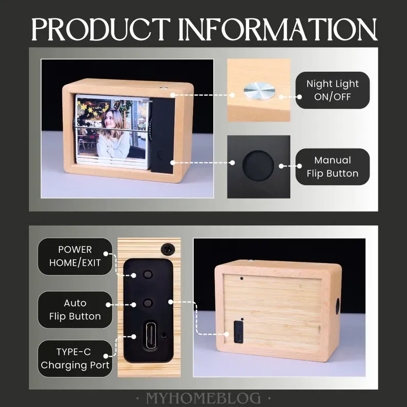 Custom Electric Flip 32 Photo Frame Solid Beech Wood Frame with Light for Family, Couples, Pets & More