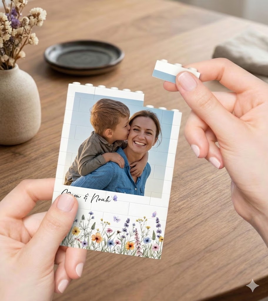 Personalized Wildflower Photo Brick Puzzle Custom Name Building Blocks with Floral Illustration Mothers Day Gift for Mom & Grandma Unique Desktop Picture Frame Bricks
