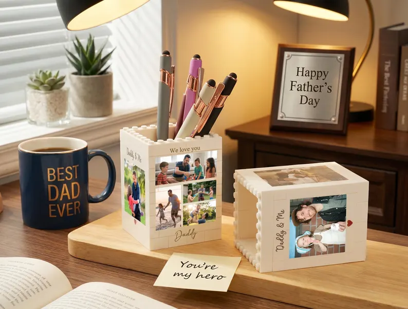 Personalised Daddy & Me Brick Photo block Pencil Pot, Brick-Inspired Organizer, Gifts for Dad, Kids, Chirlren, Student