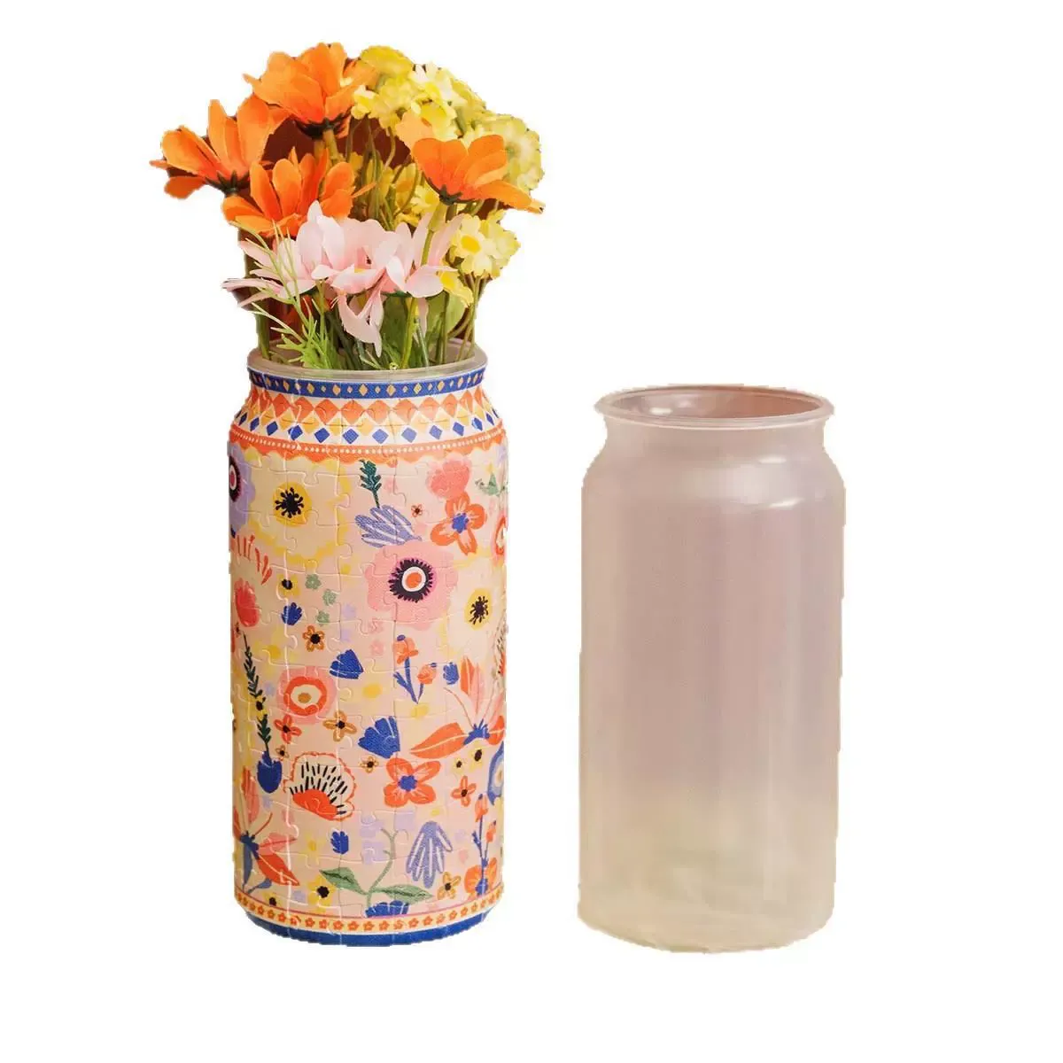 3D Jigsaw Puzzle Vase with Lid  Cylindrical Plastic Puzzle Jar Interlocking Piece Technology Water-Resistant Glue-Free Collectible Desktop Storage Box