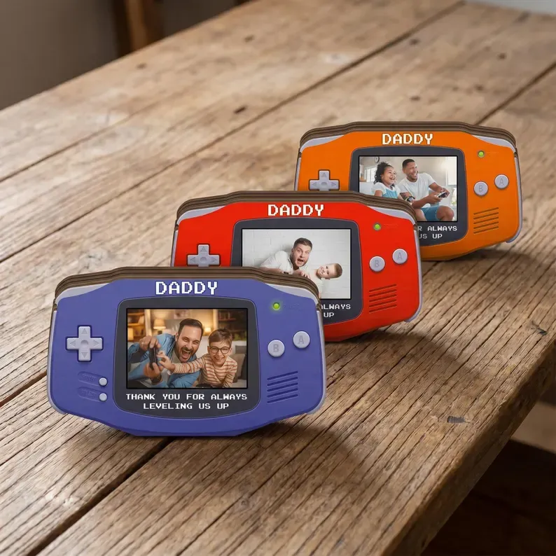 Personalized Fathers Day Gift for Gamer Dad, Custom Photo Dad Frame, Retro Game Console Photo Wooden Block Sign, Game Lover Room Decor