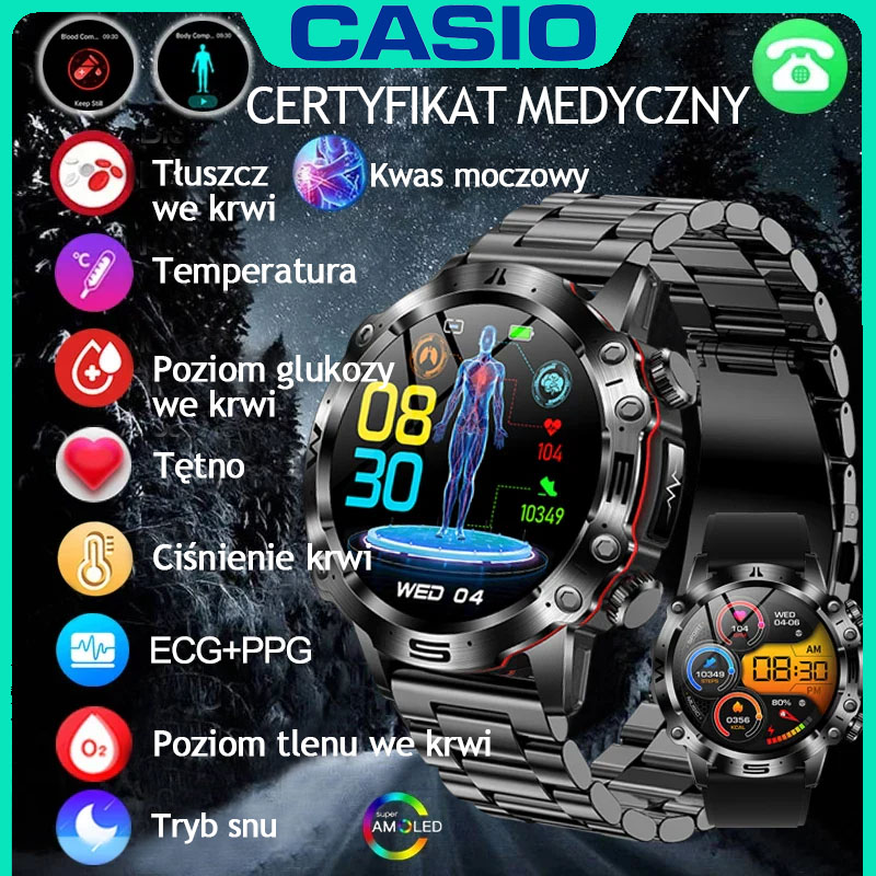 CASIO AI – inteligentny zegarek medyczny 2026 ⌚️ EKG+PPG, monitorowanie cukru, tłuszczu i kwasu moczowego – zdrowie i styl w jednym! 🏃‍♂️