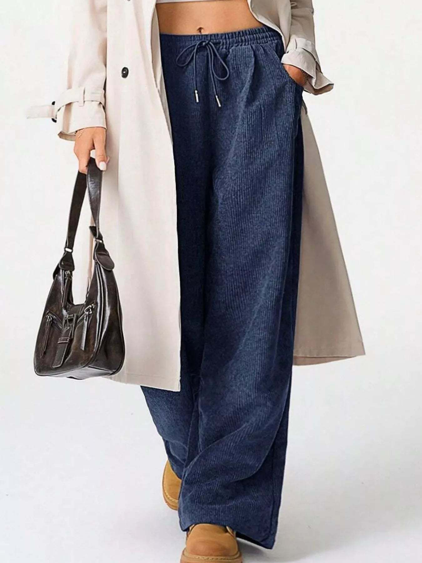 Wide Leg Corduroy Drawstring Pants