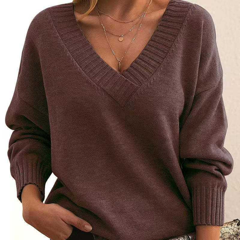 Solid V-neck Sweater Fashion Loose Long-sleeved Knitted Tops Autumn And Winter Women's Clothing