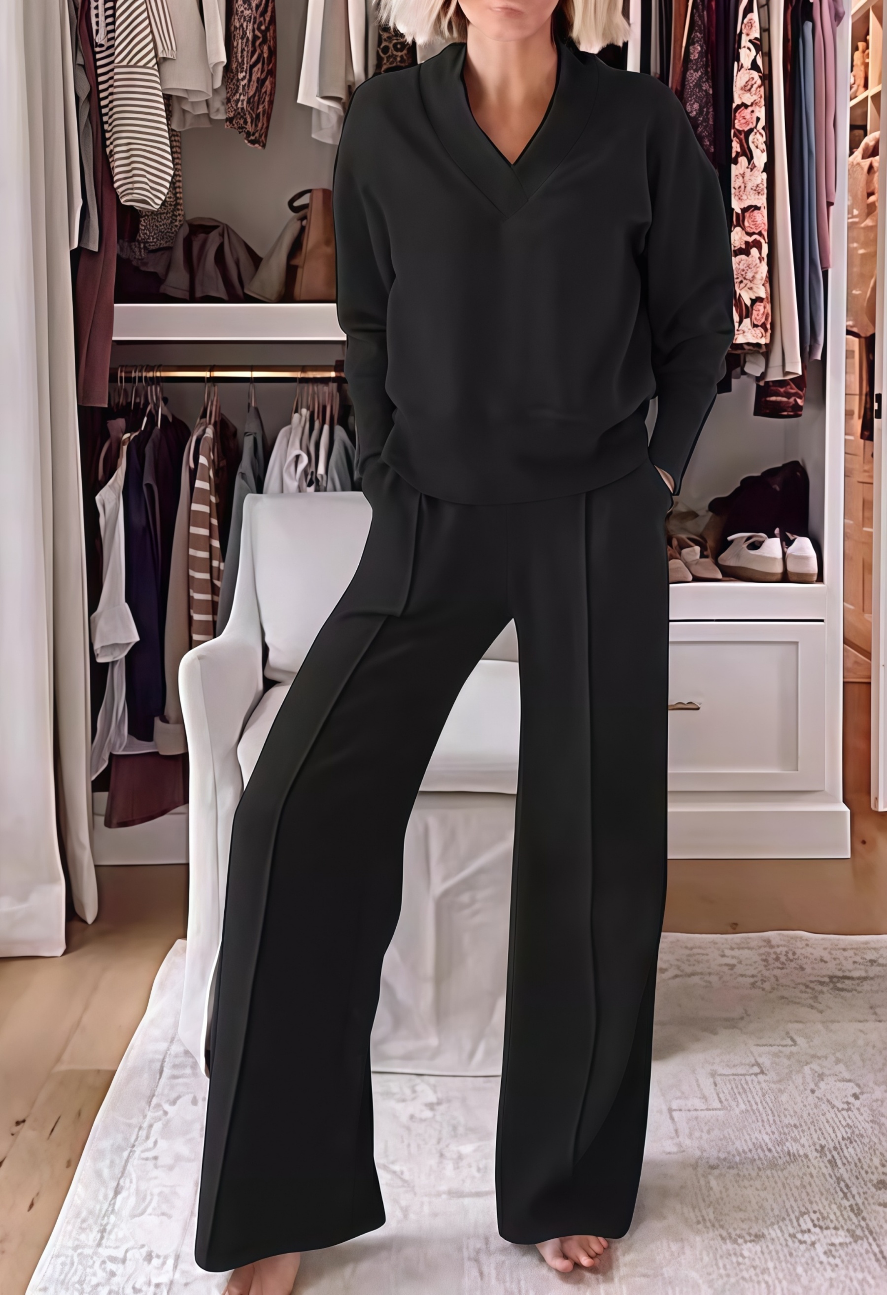 Women's Solid Color V-neck Top & Pants Two-piece Set (Same as in the video)