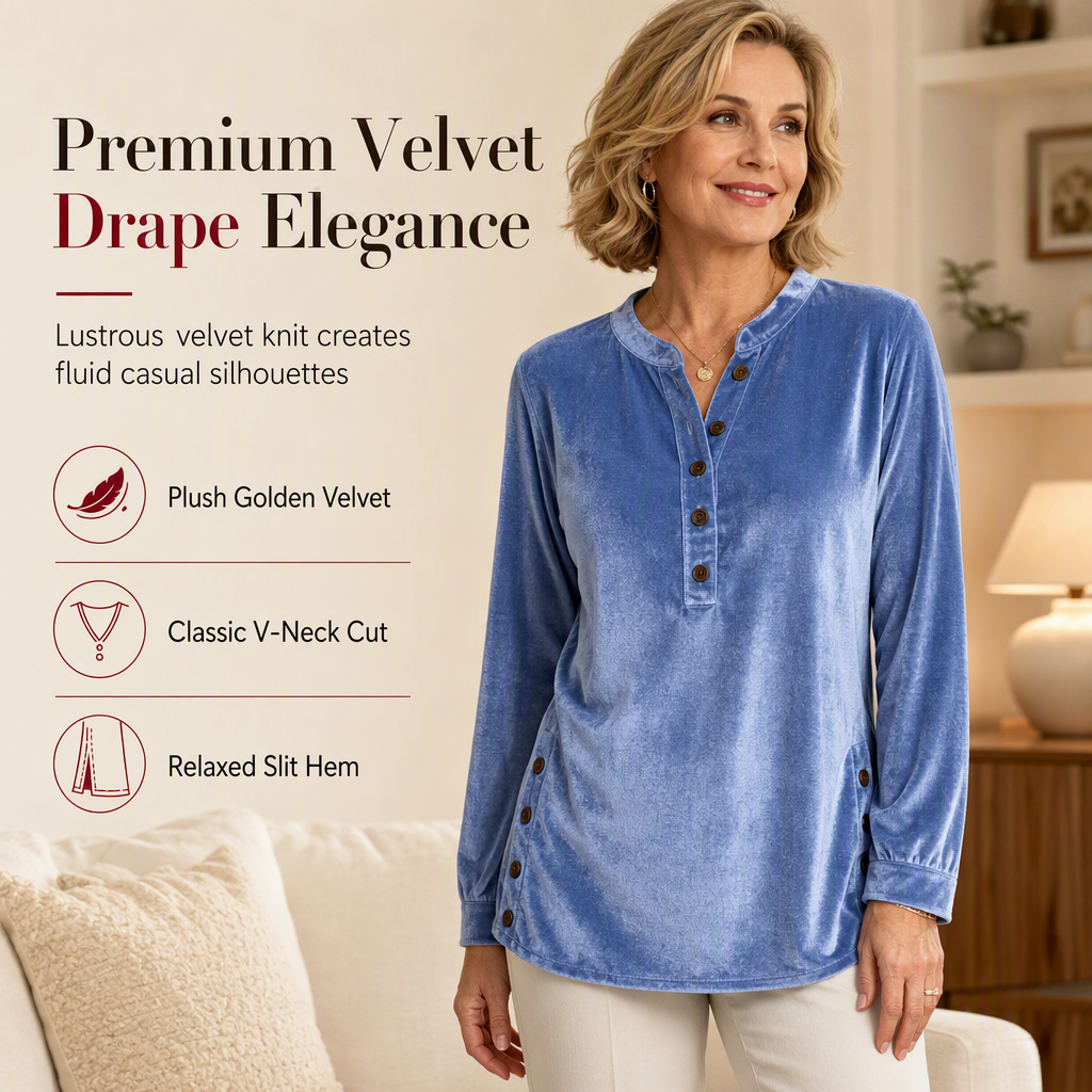 🍂👚Women's Casual Loose Velvet Long Sleeve T-Shirt with Button V-Neck
