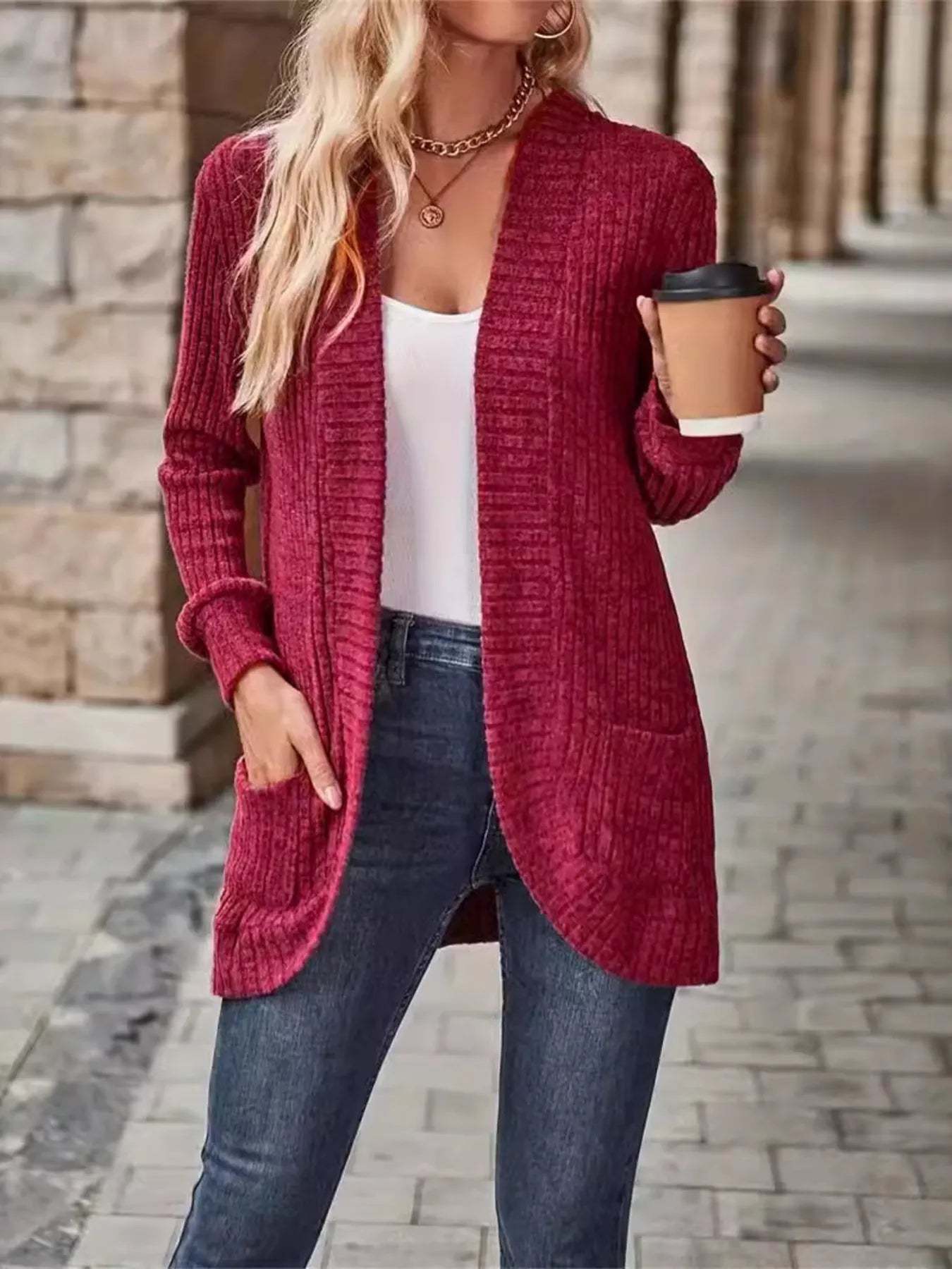 CLEARANCE🔥Ribbed Open Front Long Cardigan with Pockets