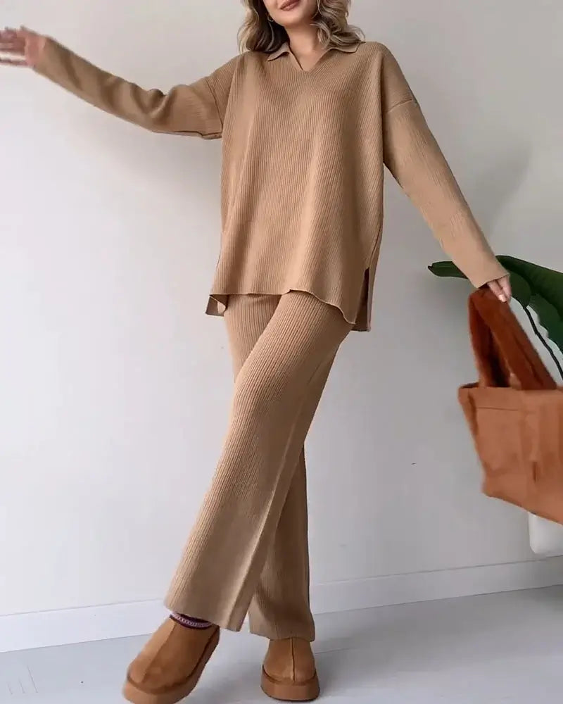 🔥Solid color fashionable lapel loose casual sweater two-piece set