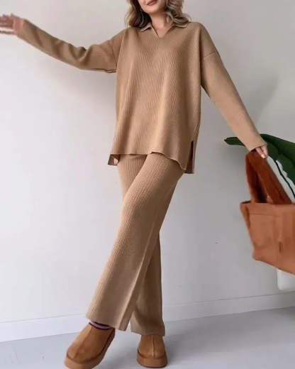 🔥Solid color fashionable lapel loose casual sweater two-piece set