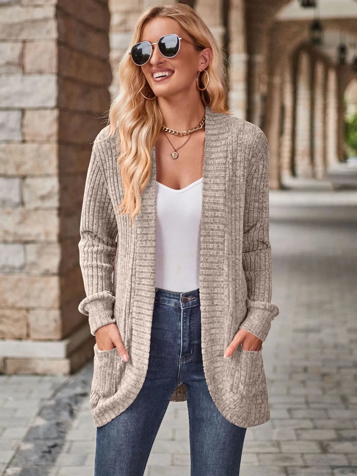 CLEARANCE🔥Ribbed Open Front Long Cardigan with Pockets