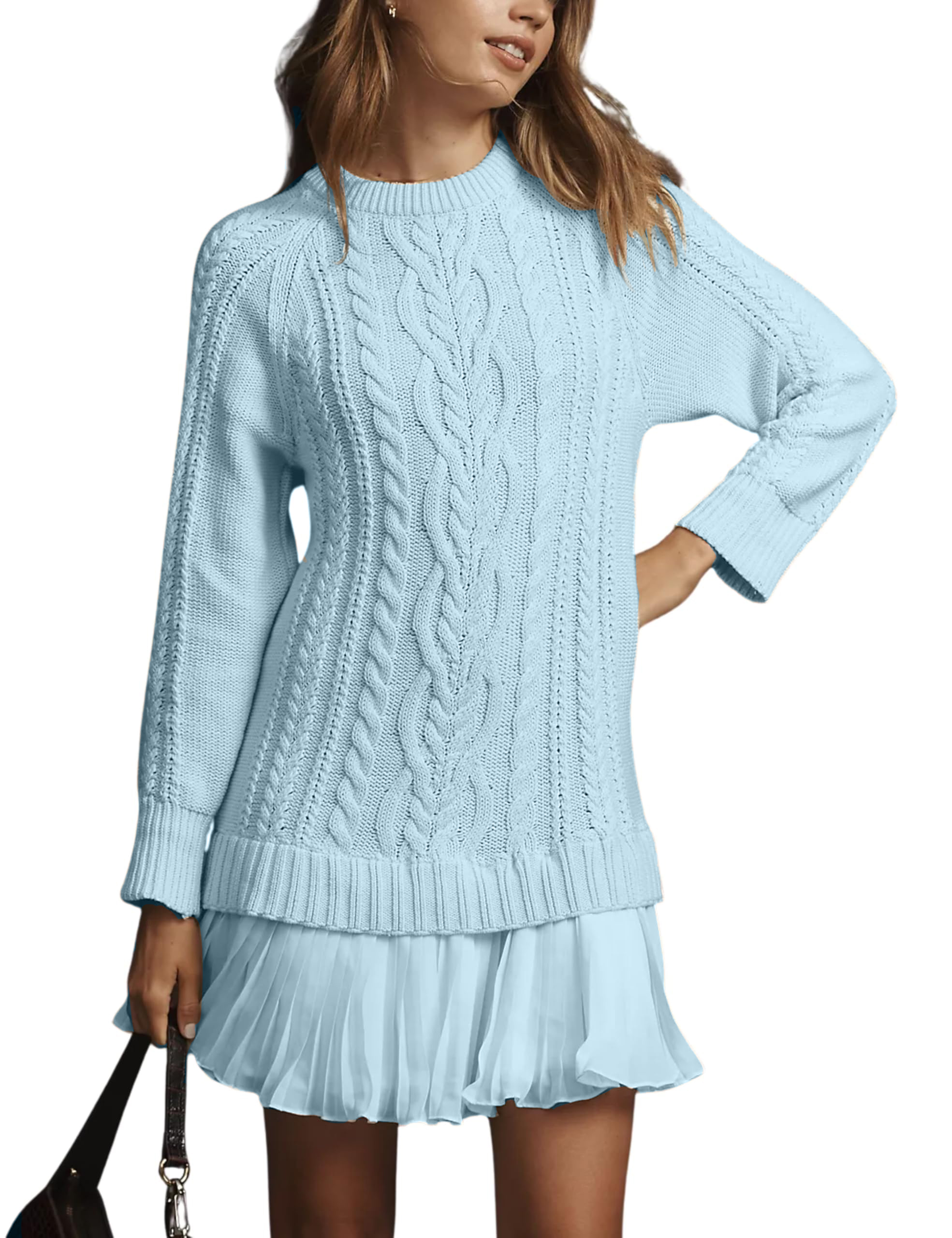🔥Women Crewneck Cable Knit Sweater Mini Dress