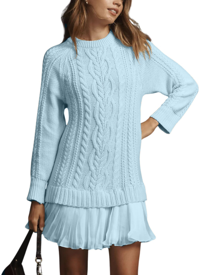 🔥Women Crewneck Cable Knit Sweater Mini Dress