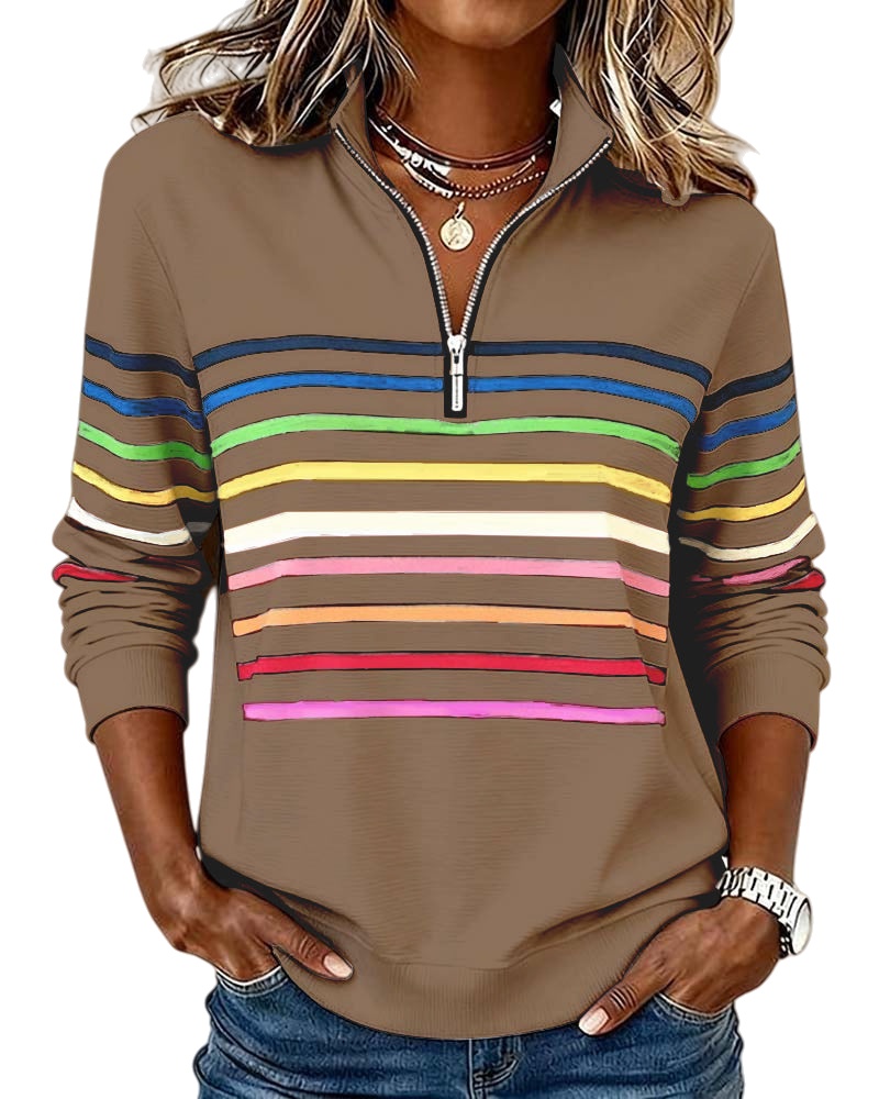 🔥Mode Sweatshirt with Half Zipper and Rainbow Stripes