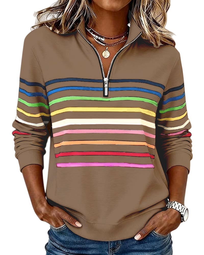 🔥Mode Sweatshirt with Half Zipper and Rainbow Stripes