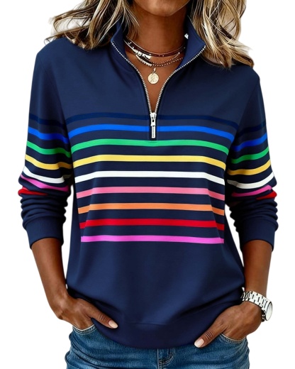 🔥Mode Sweatshirt with Half Zipper and Rainbow Stripes
