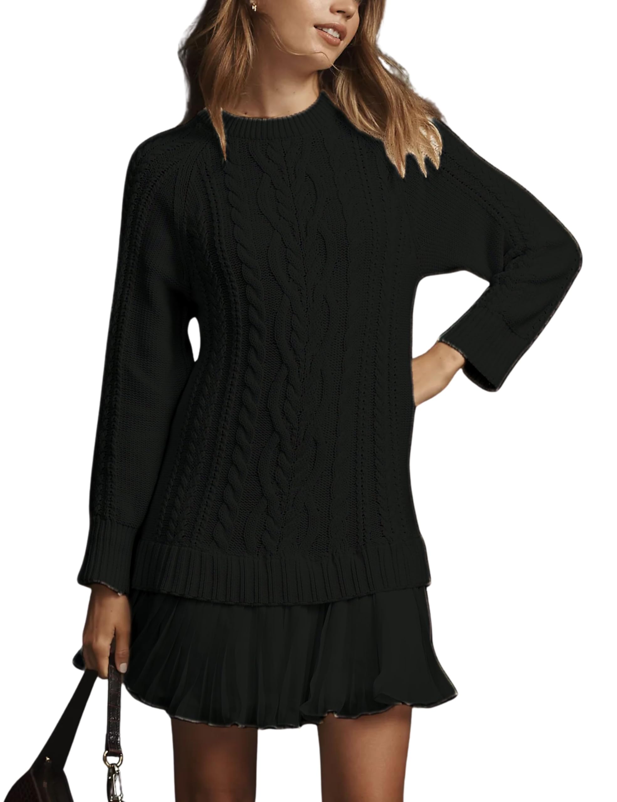 🔥Women Crewneck Cable Knit Sweater Mini Dress