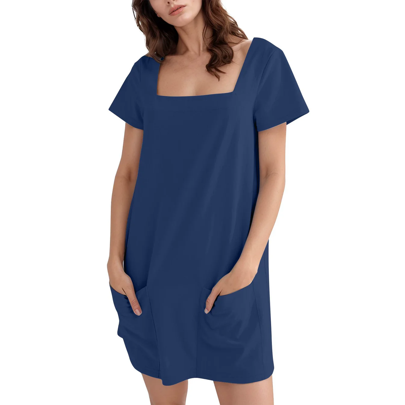 Women’s Casual Square Neck Short Sleeve Dress with Pockets – Everyday Summer Dress（Buy 2 Free Shipping）
