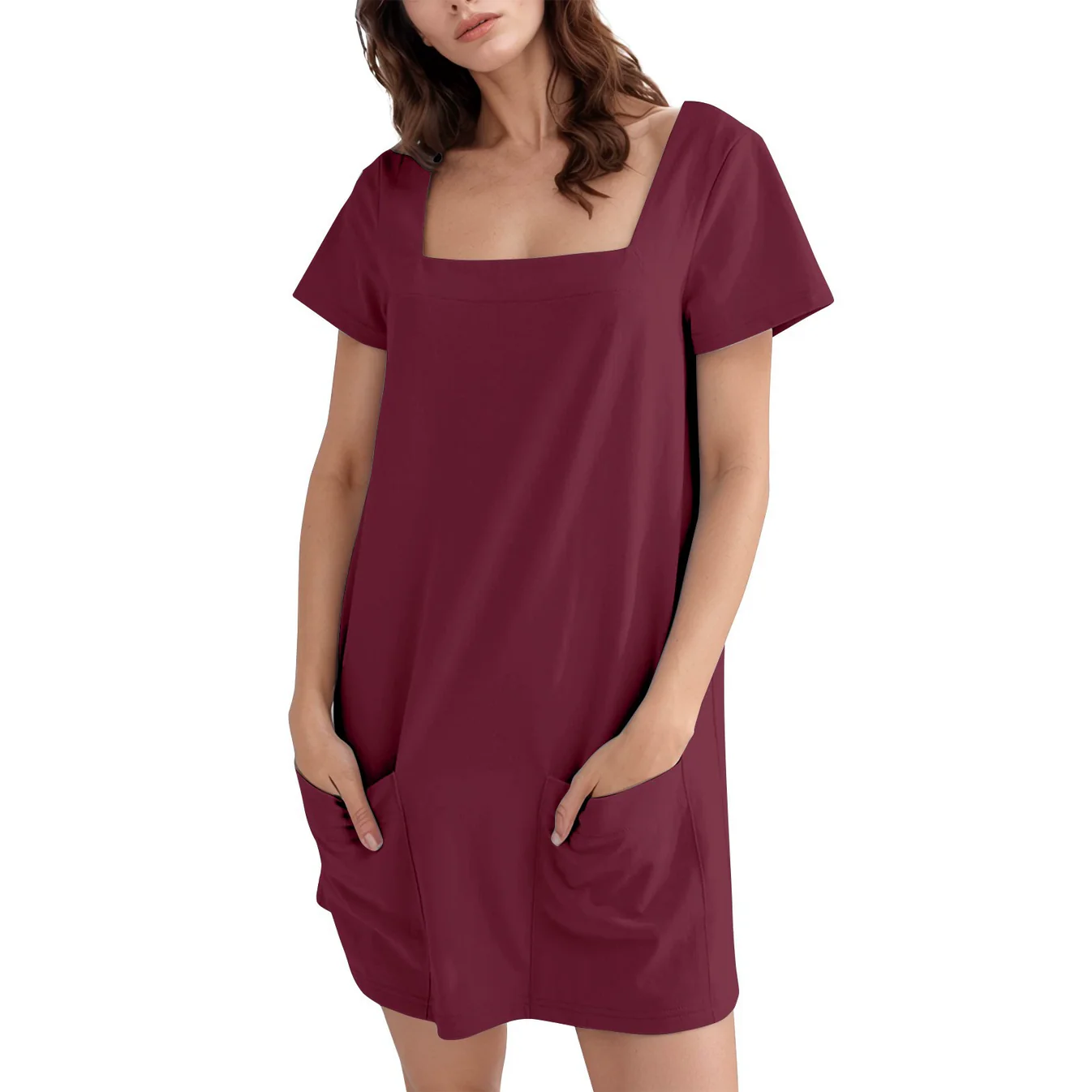 Women’s Casual Square Neck Short Sleeve Dress with Pockets – Everyday Summer Dress（Buy 2 Free Shipping）