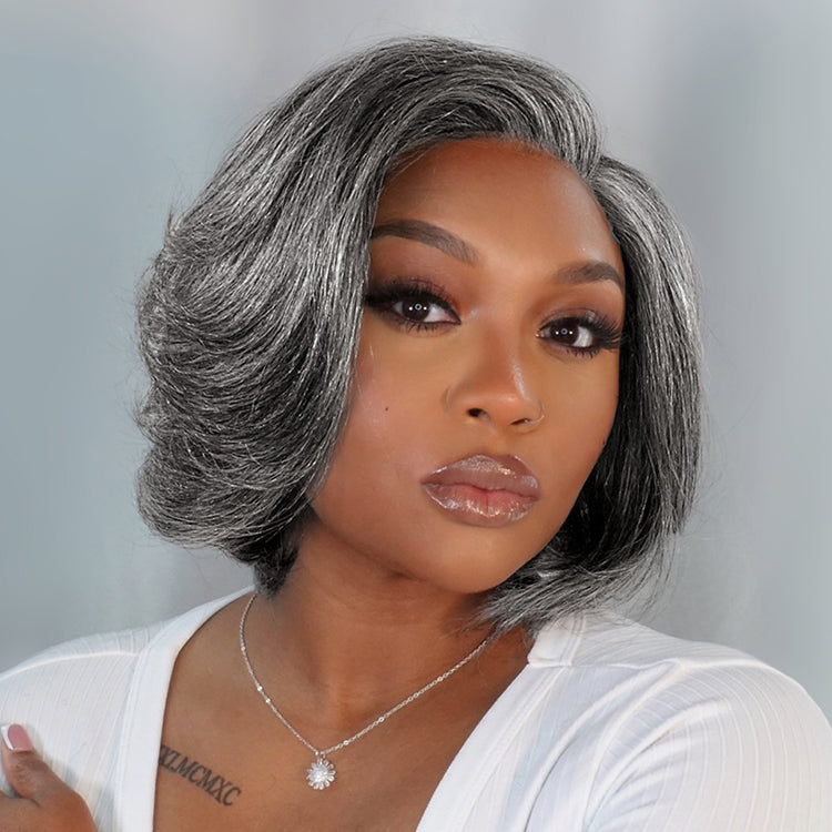 Boss Vibe Salt & Pepper Layered Bob / Body Wave Glueless Pre-Cut Minimalist Lace Grey Wig