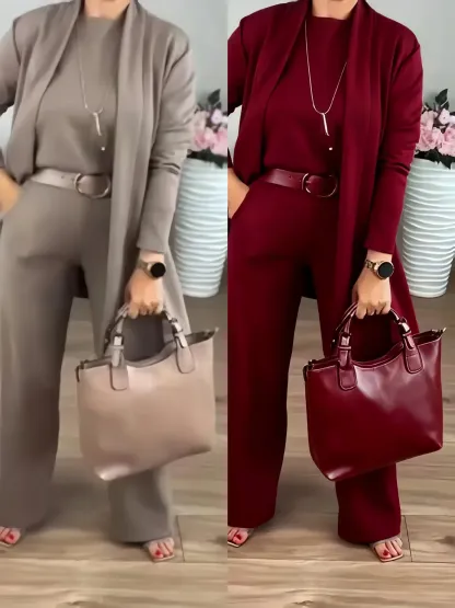 ✈️shipping worldwide⏳Time-Limited Special⏰Elegant 3-piece set including long cardigan, top and pants💞