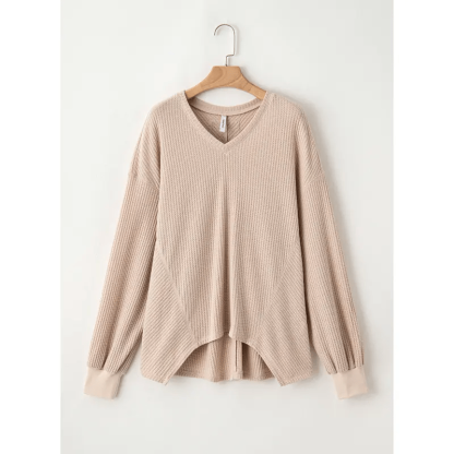 🔥Womens Waffle Knit Tops 2025 Fashion Long Lantern Sleeve Casual Blouses V Neck Oversized T Shirts