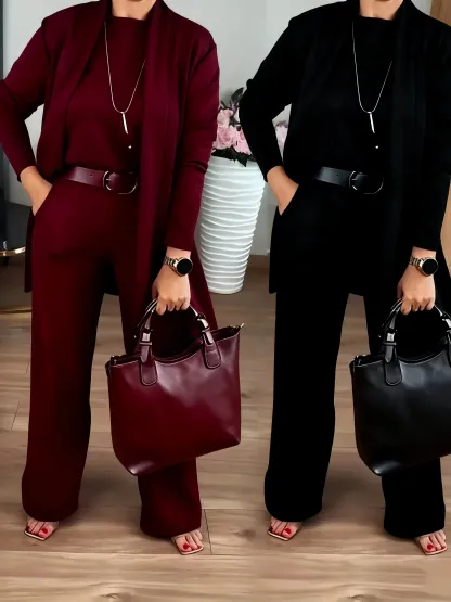 ✈️shipping worldwide⏳Time-Limited Special⏰Elegant 3-piece set including long cardigan, top and pants💞