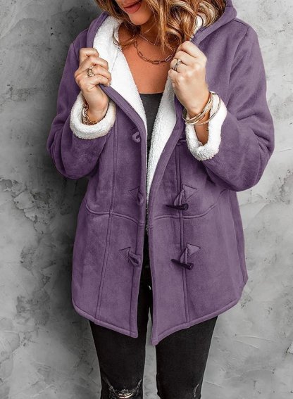 Women Hooded Velvet Horn Button Coat