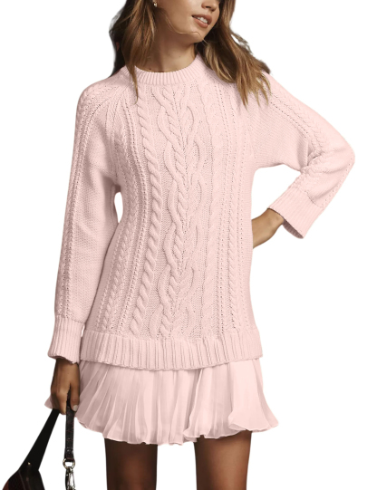 🔥Women Crewneck Cable Knit Sweater Mini Dress