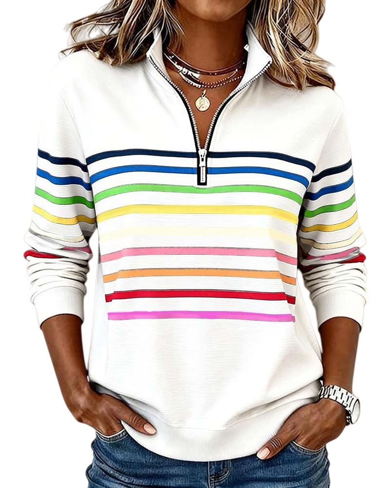 🔥Mode Sweatshirt with Half Zipper and Rainbow Stripes