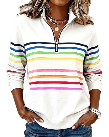 🔥Mode Sweatshirt with Half Zipper and Rainbow Stripes