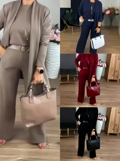 ✈️shipping worldwide⏳Time-Limited Special⏰Elegant 3-piece set including long cardigan, top and pants💞