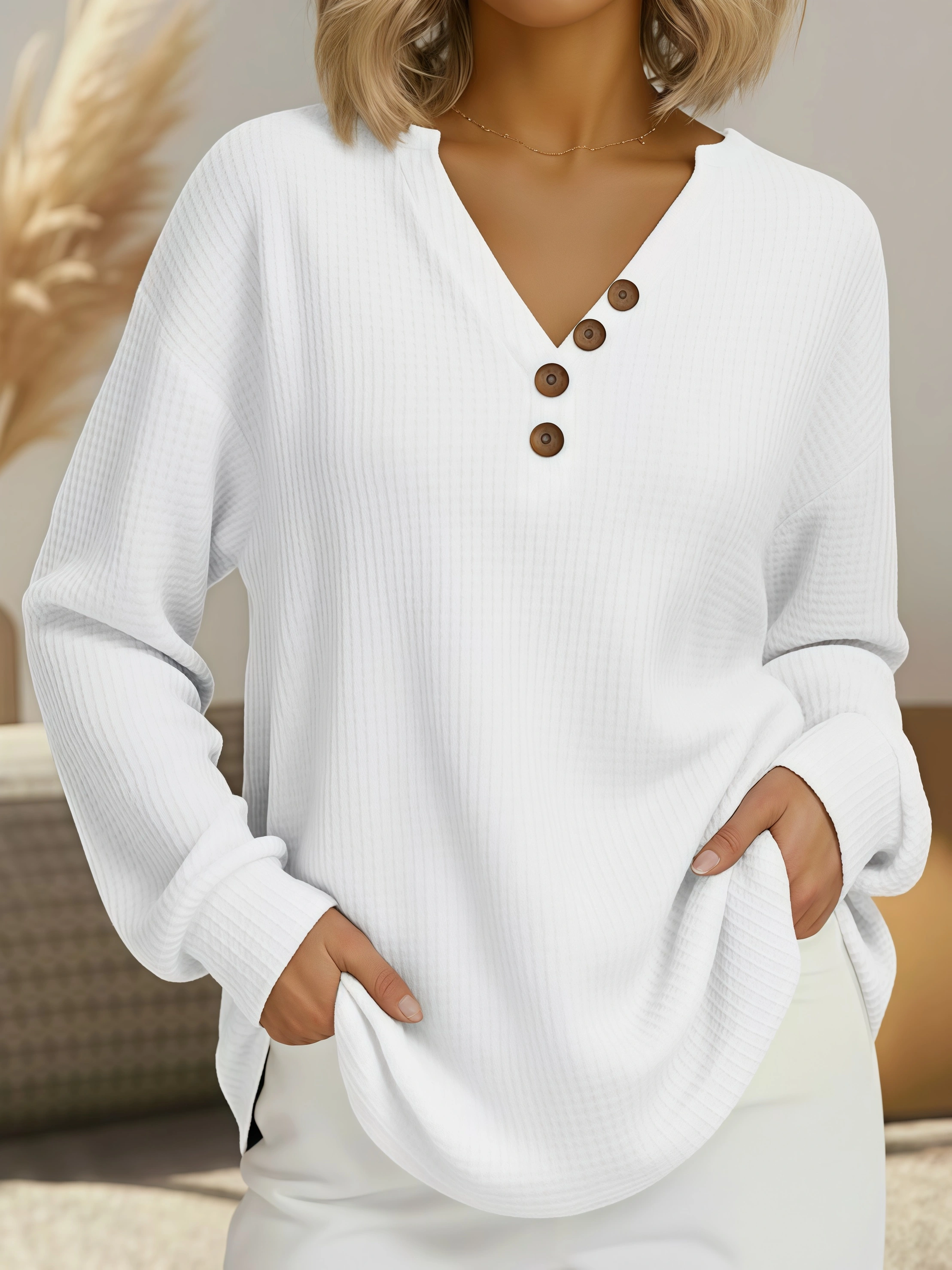 Full Size Casual Waffle Knit Long Sleeve T-Shirt Plus Size