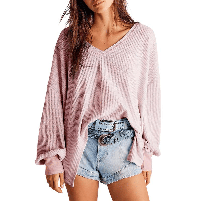 🔥Womens Waffle Knit Tops 2025 Fashion Long Lantern Sleeve Casual Blouses V Neck Oversized T Shirts