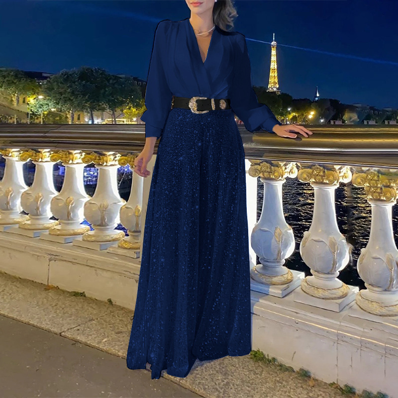 🔥Stylish V-Neck Long Sleeve Shirt & Sequin Wide Leg Pants Two Piece Set