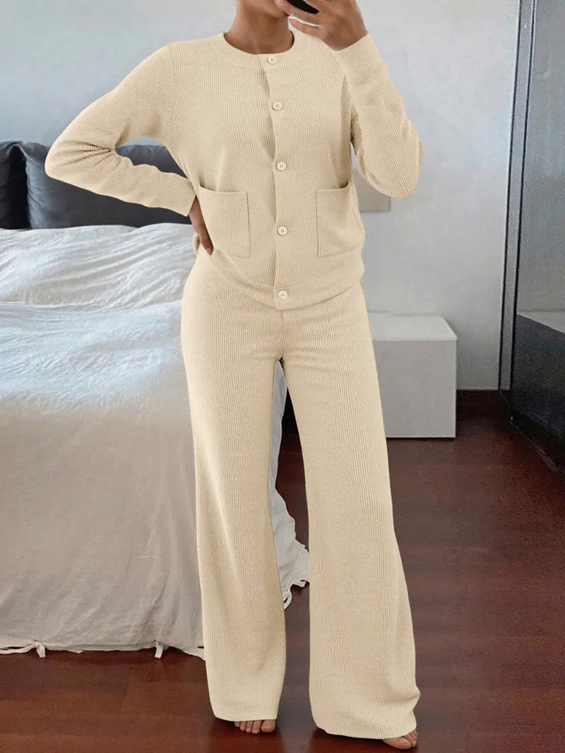 Women's Casual Comfortable Round Neck Long Sleeve Knit Sweater Set, High Waist Versatile Wide Leg Pants, Perfect for Daily Wear