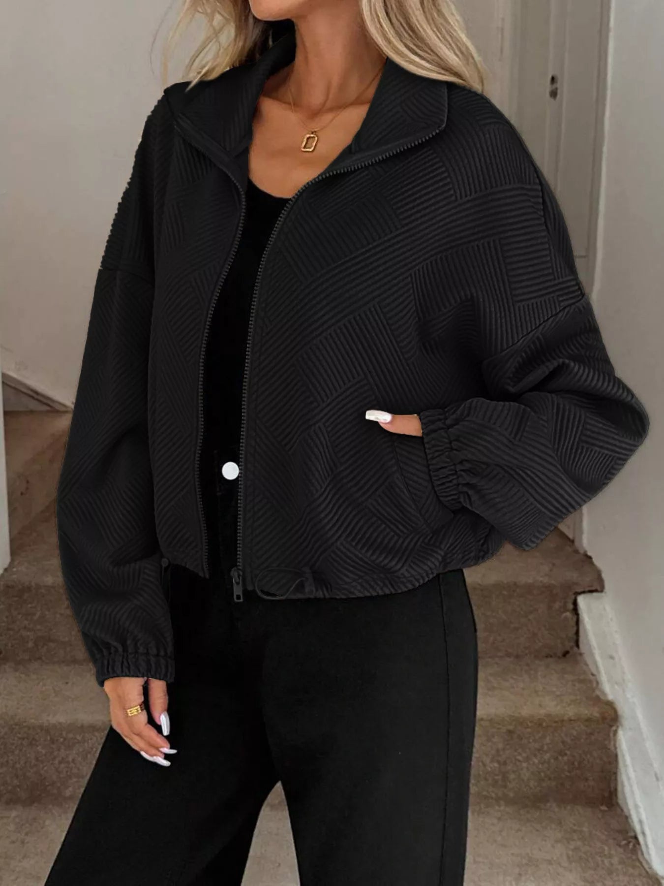 Drawstring Hem Textured Long Sleeve Jacket