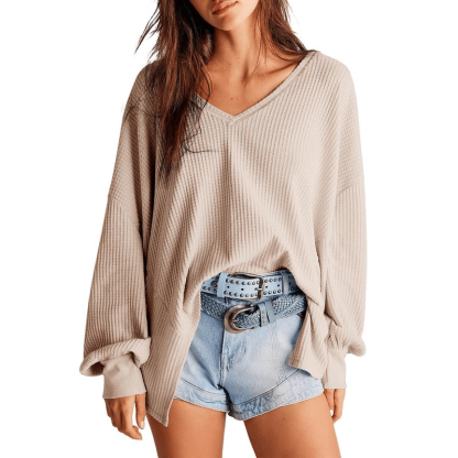 🔥Womens Waffle Knit Tops 2025 Fashion Long Lantern Sleeve Casual Blouses V Neck Oversized T Shirts
