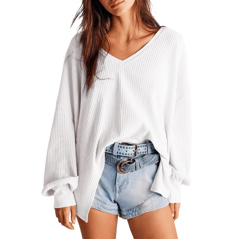 🔥Womens Waffle Knit Tops 2025 Fashion Long Lantern Sleeve Casual Blouses V Neck Oversized T Shirts